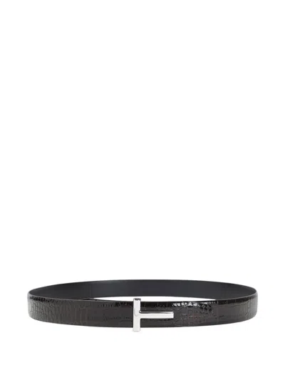 Tom Ford Crocodile-embossed Leather Belt In Black