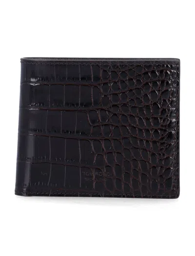 Tom Ford Crocodile Embossed Leather Bifold Wallet In Black