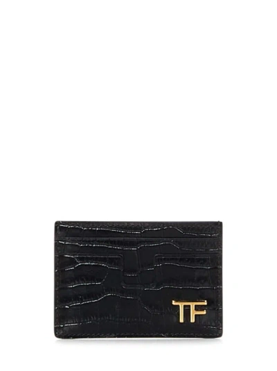 Tom Ford Crocodile Embossed Leather Card Holder In Black