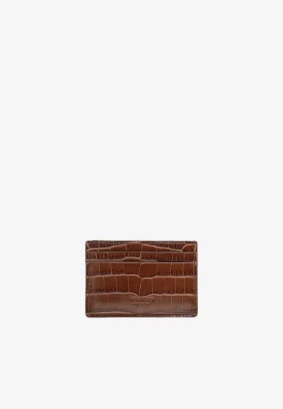 Tom Ford Crocodile-embossed Leather Cardholder In Brown