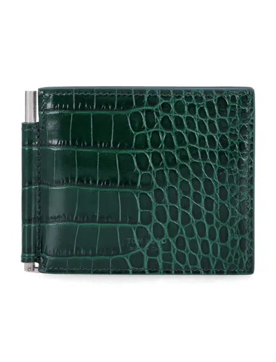 Tom Ford Crocodile-embossed Leather Money Clip Wallet In Green