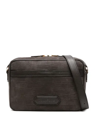 Tom Ford Crocodile-embossed Messenger Bag In Grey