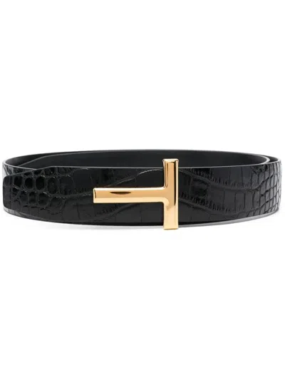 Tom Ford T Icon Reversible Croc Embossed Patent Leather Belt In Black
