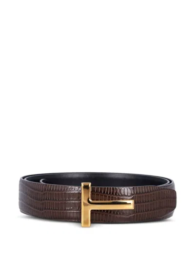 Tom Ford Crocodile-embossed T-buckle Belt In Brown