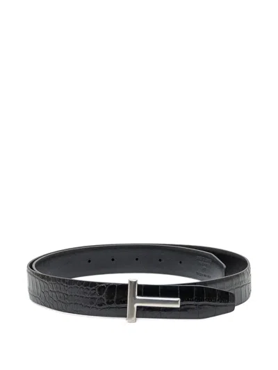 Tom Ford Crocodile-embossed T-buckle Belt In Black
