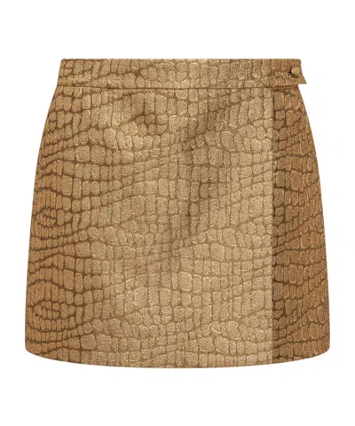Tom Ford Metallic Croc-jacquard Tailored Wrap Mini Skirt In Gold
