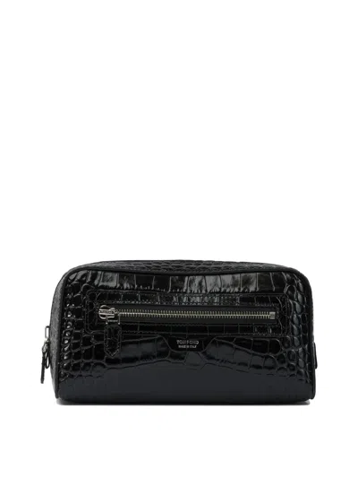 Tom Ford Crocodile Print Leather Beauty Case Pouch Black