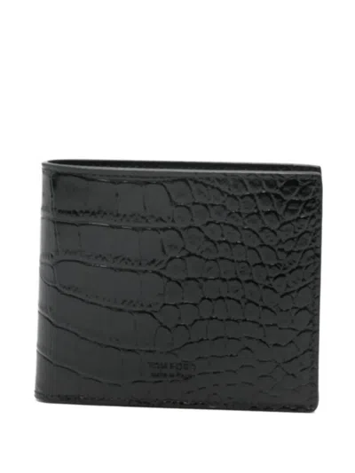 Tom Ford Crocodile Print Leather Bi-fold Wallet In Black