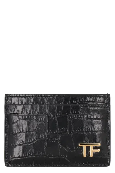 Tom Ford Crocodile Print Leather Card Holder For Men In Classic Black