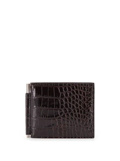 Tom Ford Croc-effect Leather Billfold Wallet In Brown