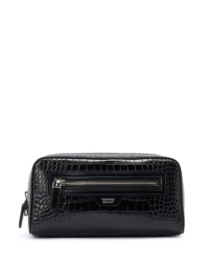 Tom Ford Crocodile-print Leather Wash Bag In Black