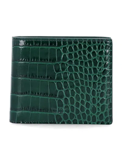 Tom Ford Crocodile-printed Leather Bifold Wallet In Green