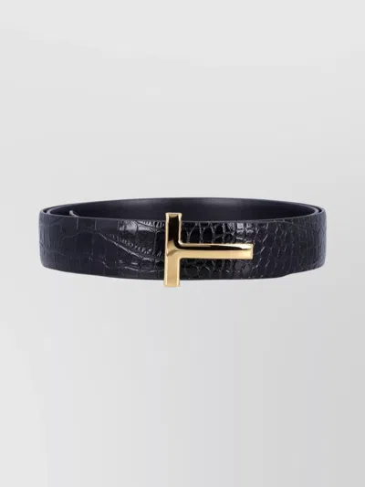 Tom Ford Crocodile Texture Belt Gold-tone Buckle In Black