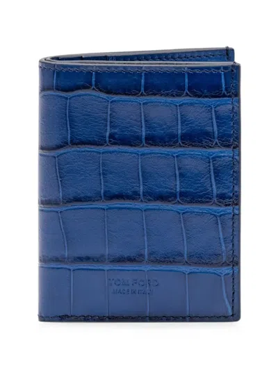 Tom Ford Crocodile-effect Folding Card Holder In Blue