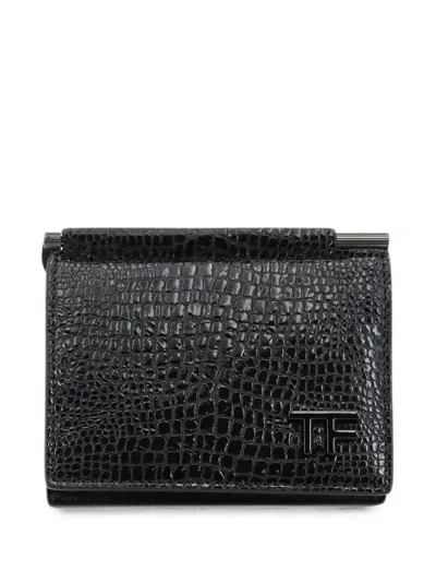 Tom Ford Crocodile-effect Tf Monogram Card Holder In Black
