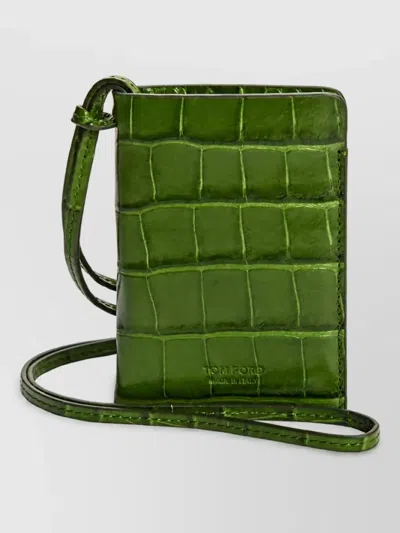 Tom Ford Crocodile-embossed Leather Card Holder With Strap In Green