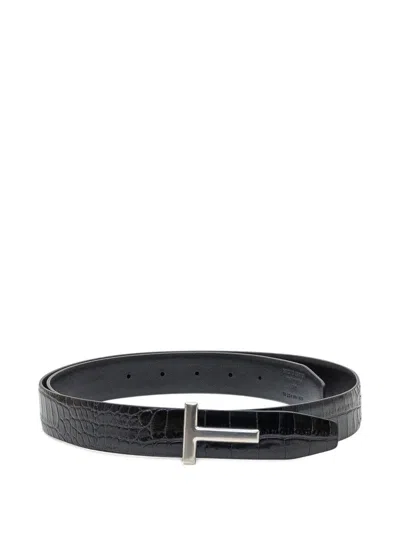 Tom Ford Crocodile-print Calf Leather T-buckle Belt In Purple