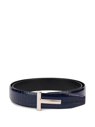 Tom Ford Crocodile-texture T-buckle Belt In Blue