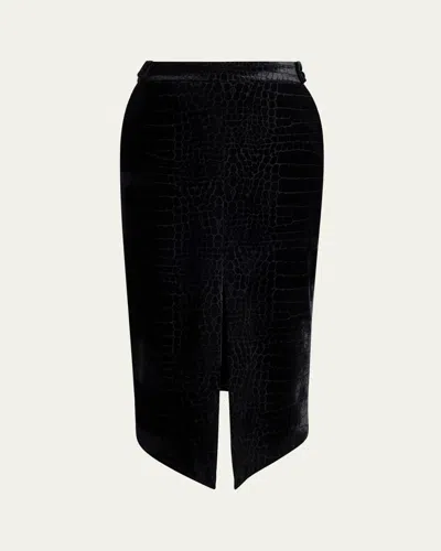 Tom Ford Croco-embossed Velvet Midi Skirt In Black
