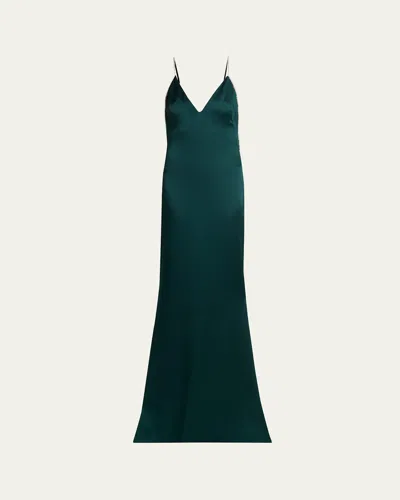 Tom Ford Crystal-trim Backless Satin Mermaid Gown In Green