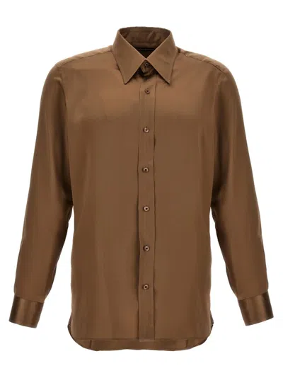 Tom Ford Curved Hem Buttoned Satin Shirt In Brown