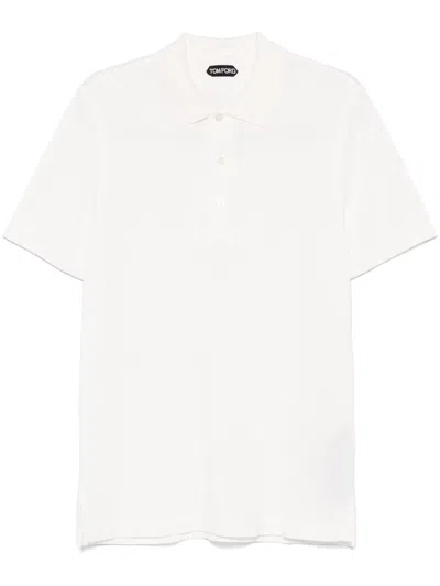 Tom Ford Textured White Pique Polo With Collared Neckline