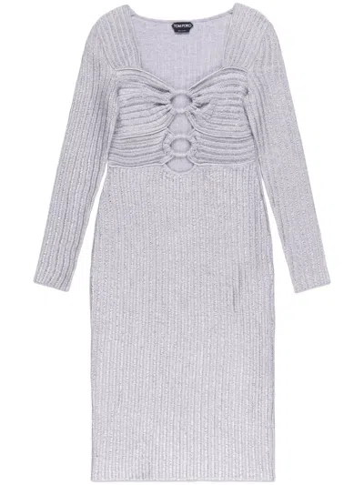 Tom Ford Embellished Ribbed Metallic Cotton-blend Midi Dress In Gray
