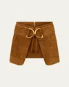 Tom Ford D-ring Inverted Pleat Mini Suede Skirt In Camel