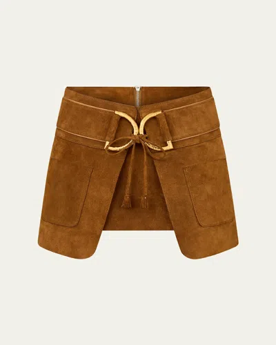 Tom Ford D-ring Inverted Pleat Mini Suede Skirt In Camel