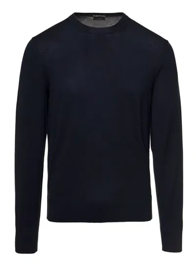 Tom Ford Dark Blue Crewneck Pullover With Rib Trim In Wool Man