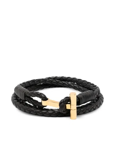 Tom Ford Dark Brown Braided Leather Bracelet In Black