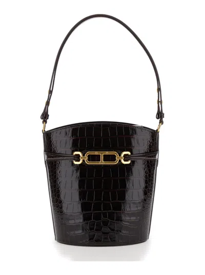 Tom Ford Dark Brown Crocodile Embossed Bucket Bag