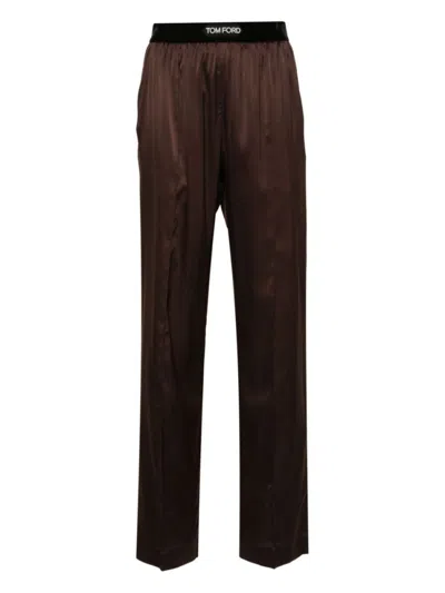 Tom Ford Pantaloni Pajama In Raso Di Seta Elasticizzato In Brown