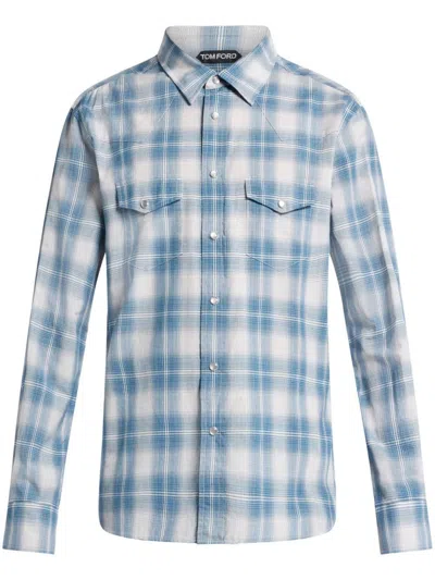 Tom Ford Degrade Check Western Shirt In Blue