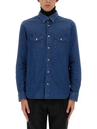 Tom Ford Washed Buckle Denim Shirt In Blue