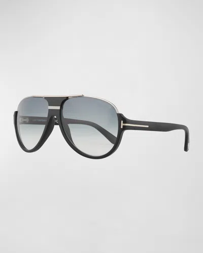 Tom Ford Dimitry Half-rim Aviator Sunglasses, Matte Black/shiny Dark Ruthenium/gradient Blue