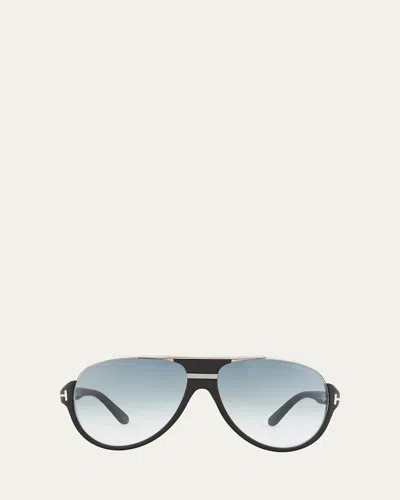 Tom Ford Dimitry Half-rim Aviator Sunglasses, Matte Black/shiny Dark Ruthenium/gradient Blue