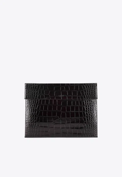 Tom Ford Crocodile-print Leather Document Holder In Brown