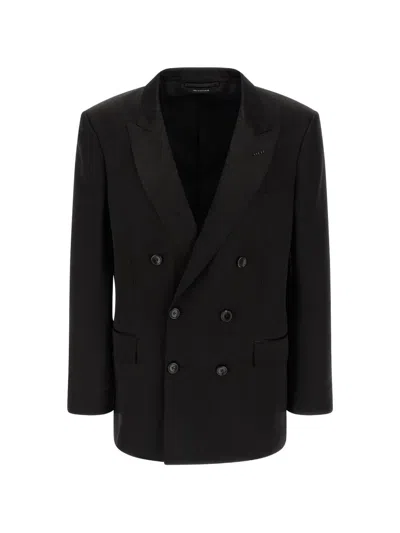 Tom Ford Double-breasted Wool Blazer With Pinstripe Detail In Black