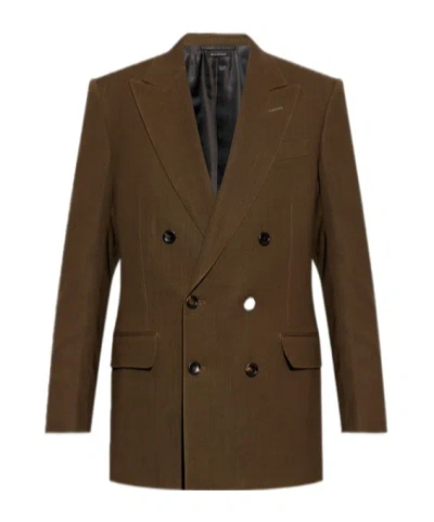 Tom Ford Dyllan Double-breasted Silk Suit Jacket In Brown