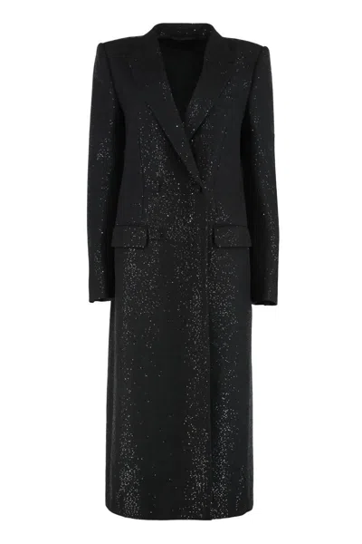 Tom Ford Double-breasted Coat In Crepe Wool Blend With Sequins In Black