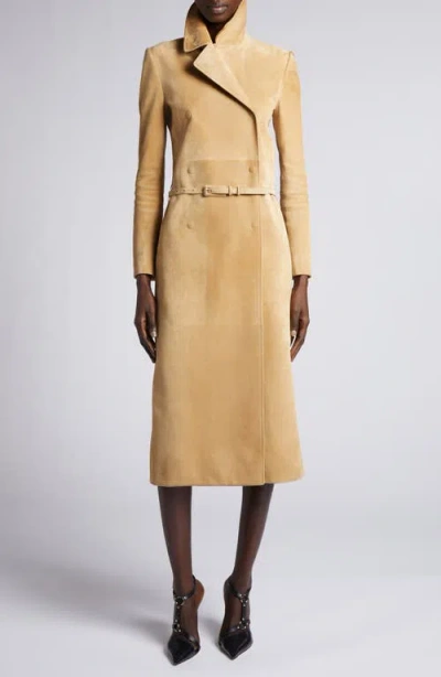 Tom Ford Double Breasted Lambskin Suede Trench Coat In Yellow