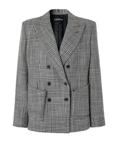 Tom Ford Double-breasted Plaid Suit Jacket In Gray