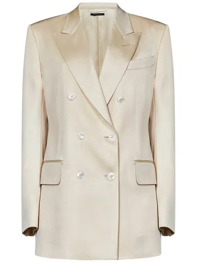 Tom Ford Double Breasted Satin Blazer In White