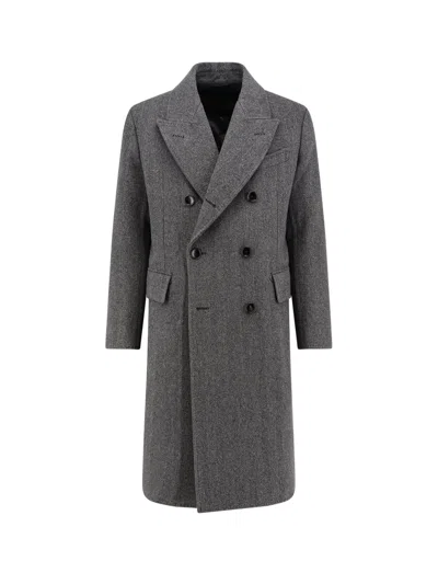 Tom Ford Double-breasted Wool Coat With Herringbone Motif In Black