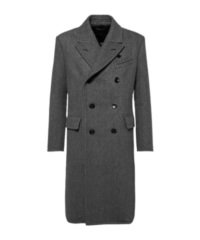Tom Ford Double Breasted Wool Herringbone Coat In Black