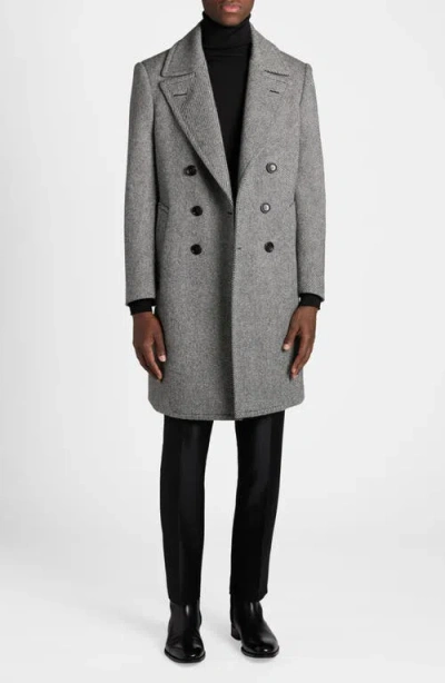Tom Ford Double Breasted Wool Mouliné Twill Coat In Black/white