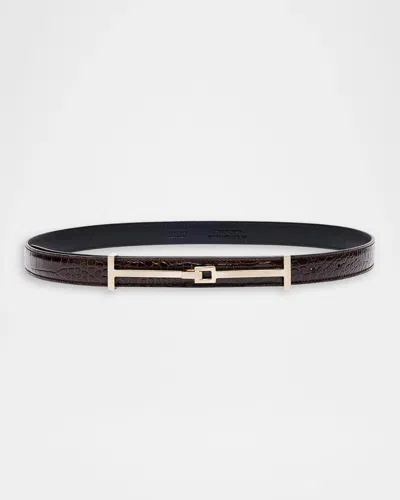 Tom Ford Double T Crocodile-embossed Leather Belt In Brown