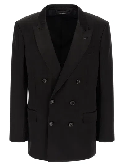 Tom Ford Double-breasted Tone-on-tone Polka Dot Blazer In Black