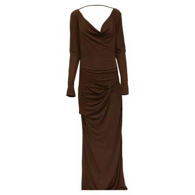 Tom Ford Draped Cowl Neck Maxi Gown Dress In Brown Viscose